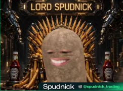 Lord Spudnick enthroned upon his throne of golden potato wedges, flanked by ketchup sentinels